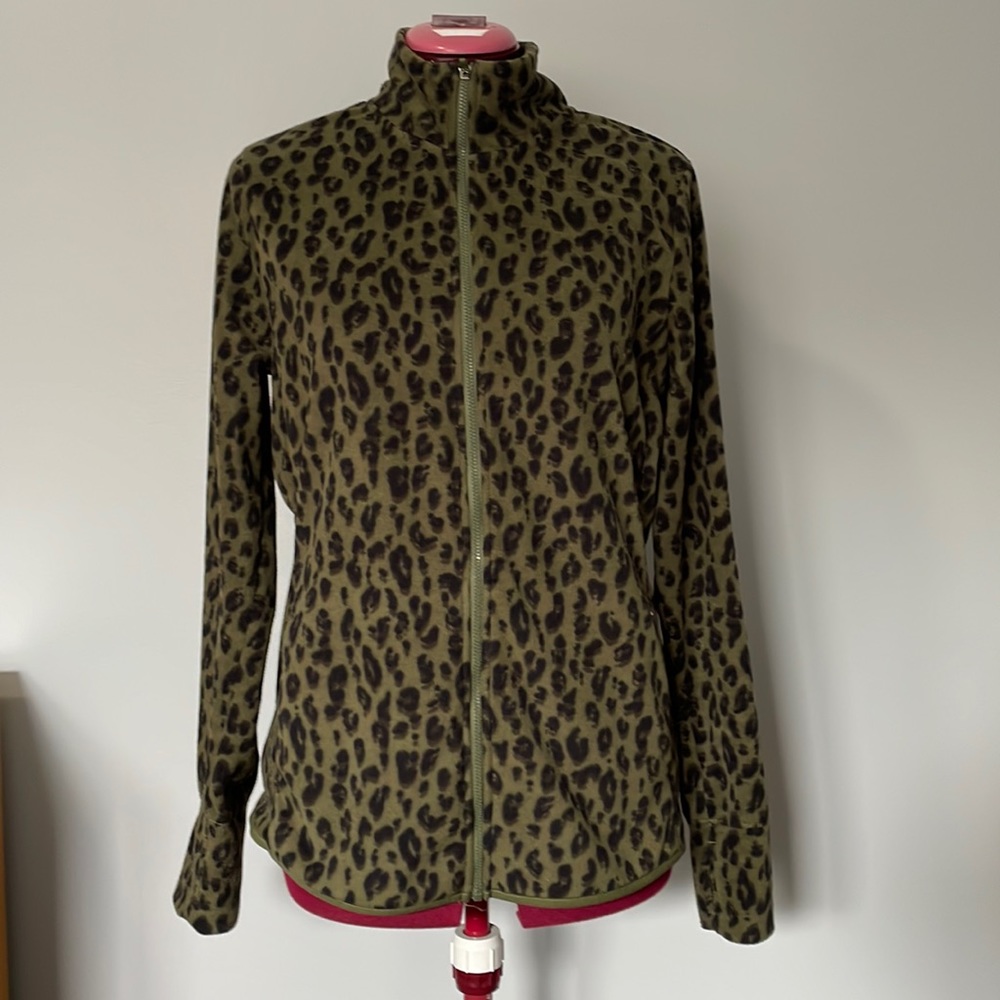Fleecey green and black leopard print zip-up sweater